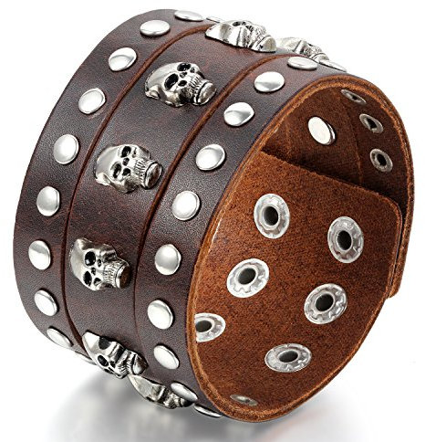 Flongo Leder Echtleder Armband Armreif Manschette Braun Silber Nieten Totenkopf Schädel Einstellbar Verstellbar Motorradfahrer Biker Herren