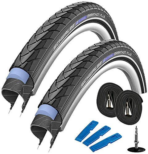 Schwalbe Marathon Plus HS 440 (37-622) 28 x 1,4 Zoll, Set: 2 x Fahrradreifen für Trekking- Crossbike + 2 x Schläuche SV 17