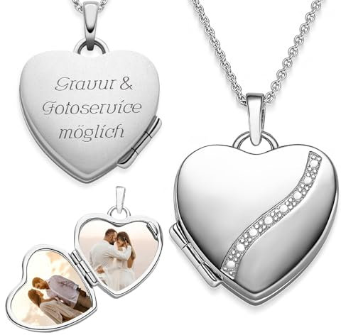 Herz Medaillon zum Öffnen für Bilder Silber 925 | Kette Damen Medallion mit Bild | Foto Amulett Anhänger Herzmedallion | Halskette Herzkette mit Gravur