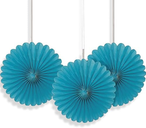 Unique Party 63253 - Mini Teal Tissue Paper Fan Decorations, Pack of 3