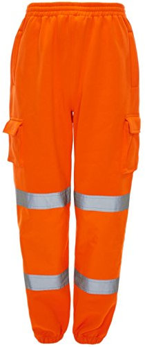 MyShoeStore Hi Vis Jogging Bottoms High Visibility Combat Cargo Thick Brush Fleece Trousers Reflective Tape Safety Work Wear Elasticated Waist Joggers Sweat Jog Tracksuit Pants (Orange / 2 Band,L)