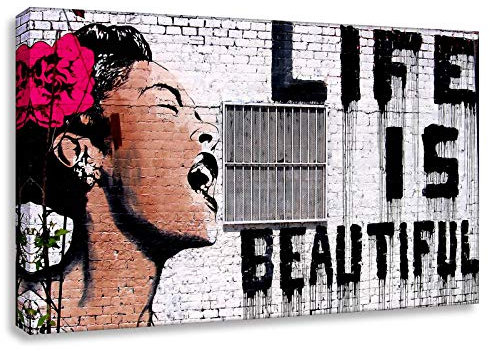 Kunstbruder Druck auf leinwand Banksy Graffiti - Bild Life is Beautiful ! (div. Größen) Bild fertig auf Keilrahmen ! Pop Art Gemälde Kunstdruck, Wandbild, Leinwandbild, Wohnzimmer (70x100cm)