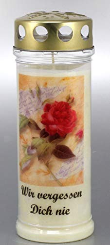 Grabkerze mit Spruch und Motiv Rose, (21x7,5 cm) Grablicht mit 7 Tage Brenndauer (3752), Wetterfestes Trauerlicht mit Deckel, Hochwertige Trauerkerze, Edle Gedenkkerze aus Deutschland