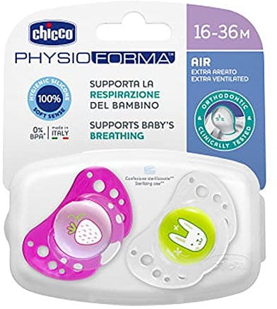 Chicco Succhietto Physio Air in Silicone, Ciuccio per Bimba, 16-36 Mesi, 2 Pezzi, Modelli Assortiti