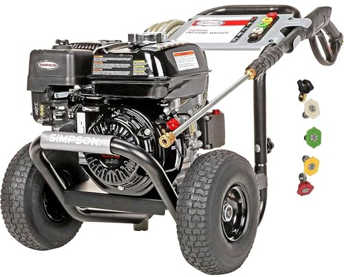 SIMPSON Cleaning PS3228 PowerShot 3300 PSI Gas Pressure Washer, 2.5 GPM, Honda GX200 Engine, Includes Spray Gun and Extension Wand, 5 QC Nozzle Tips, 5/16-inch x 25-foot MorFlex Hose, 49-State