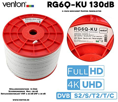 VENTON Koaxialkabel Kupfer Innenleiter 130 dB max. – 4-fach geschirmtes Sat Kabel Fernsehkabel Antennenkabel Satellitenkabel - DVB-S2/C/T2/BK Anlagen tauglich - Satellitenschüssel digital (300m)