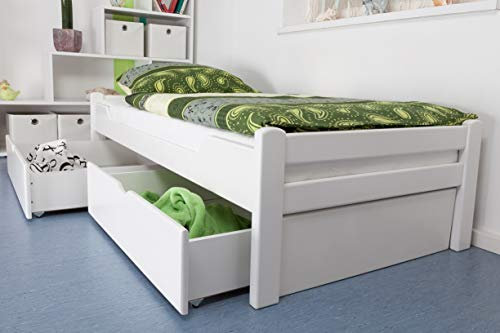 Einzelbett/Gästebett Easy Premium Line K1/1n inkl 2 Schubladen und 2 Abdeckblenden, 90 x 200 cm Buche Vollholz massiv weiß lackiert