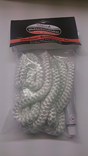 Fermit Kit avec joint rond en fibre de verre pour porte de cheminée/poêle et colle thermique max. 1100 °C Diamètre 8/10/12 mm