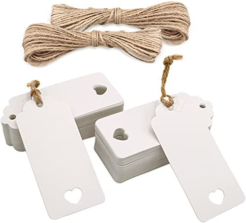 jijAcraft Geschenkanhänger Hochzeit Anhänger Kraftpapier Etiketten 9,5 x 4,5 CM, 100 Stück mit Juteschnur, für Valentinstag Weihnachten Geschenkverpackung (Weiß)