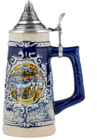 M. Cornell Deutschland Heidelberg Steingut Relief Relief Dekorativer halber Liter Bierkrug mit Zinndeckel