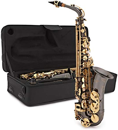 Altsaxophon von Gear4music, Schwarz und Gold | Für Anfänger, weicher, leicht anzublasender Ton, leichter komfortabler Korpus, verstellbare Daumenstütze