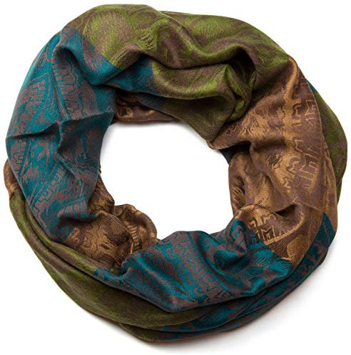 styleBREAKER Damen Loop Schlauchschal mit Blumen, Hibiskus Blüten, Paisley Muster, warm und weich, Tuch, Schal 01018058, Farbe:Grün-Petrol-Hellbraun