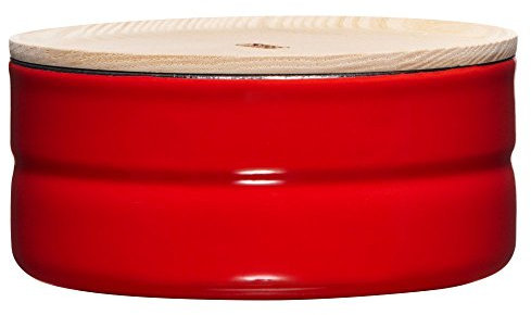 Riess, 2173-213, Vorratsdose mit Eschenholzdeckel, Durchmesser 13 cm, Höhe 6 cm, Inhalt 615 ml, FRESH TOMATO, KITCHEN-MANAGEMENT, Truehomeware, Emaille