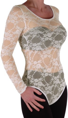 Eye Catch - Ladies Long Sleeve Floral Lace Bodysuit Stretch Womens Leotard Scoop Neck Body Top Cream S/M