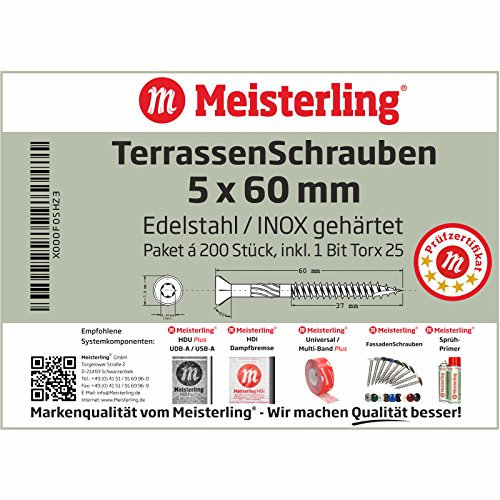Meisterling® Edelstahl TerrassenSchrauben / TerrassenbauSchrauben / Universalschrauben 5 x 40 / 50 / 60 / 70 / 6 x 80 / 100 / 120 / 8 x 140 mm Edelstahl / INOX gehärtet, CUT-Spitze und Schneidkerbe, Reibeteil und Fräsrippen, 2/3 Grobgewinde, Linsensenkkopf 90° mit Torx-Antrieb TX-25 / TX-40