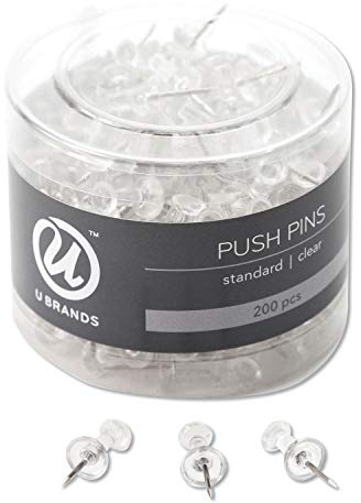 U Brands Push Pins, Clear Plastic Head Thumbtacks, Steel Point, 200-Count