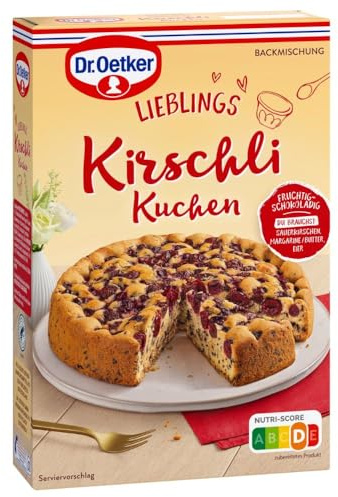 Dr. Oetker Kirschli Kuchen, 435 g, Backmischung für Rührkuchen mit Kirschen & Schokoladenflocken, fruchtig-schokoladiger Rührkuchen, gelingsicheres Backen