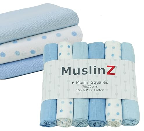 MuslinZ- 6 pack Muslin Squares Baby Burp Cloths 70x70cms Perfect for Newborns, multi-use, Oeko-Tex standard 100, UK brand. (Blue Combo)