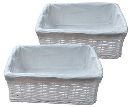 2 x 100% Eco-Friendly White Wicker Storage Basket with Cloth by Arpan (Medium- W36xD25xH15cm)