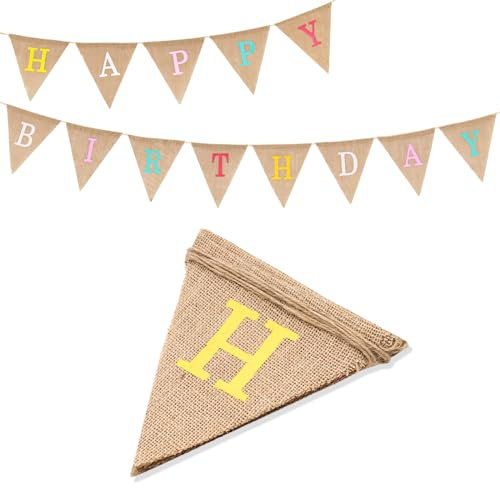 G2PLUS Happy Birthday Girlande Banner, Leinen Geburtstag Wimpelkette, Vintage Leinen Geburtstag Girlande Banner für Babydusche,Geburtstag,Party
