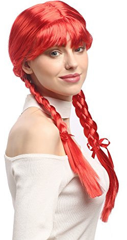 WIG ME UP - XR-008-PC13 Perücke Damen Karnveval Fasching Cosplay Zöpfe geflochten mit Schleifen Pony Schulmädchen Lolita Rot ca. 60 cm