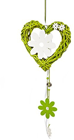 HEITMANN DECO - Rattan-Herz mit Zierblumen und Holz-Blume - perfekte Frühlingsdeko aus Rattan - Tür- und Fensterdeko, 50 x 20 x 4.5 cm