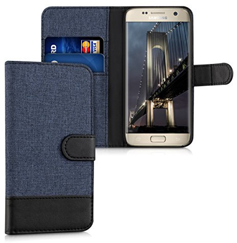 kwmobile Wallet Case kompatibel mit Samsung Galaxy S7 - Hülle mit Ständer - Handyhülle Kartenfächer Dunkelblau Schwarz