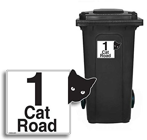CAT - Personalised Wheelie Bin Sticker/Vinyl Labels with House Number & Street Name - Size A5 [4 Pack]