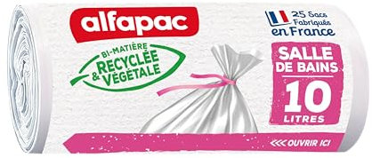 alfapac - 25 sacs 10L à lien traditionnel - Sacs Poubelle pour salle de bains - Vegetal Origin – Sacs blancs de dimensions 35 x 40 cm