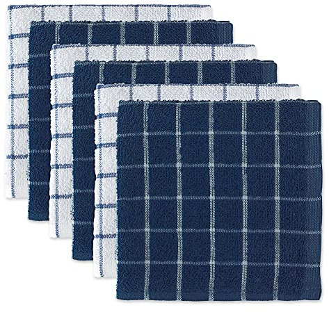 DII 100% Cotton, Machine Washable, Ultra Absorbant, Basic Everyday 12 x 12 Terry Kitchen Dish Cloths, Windowpane Design, Set of 6- Nautical Blue