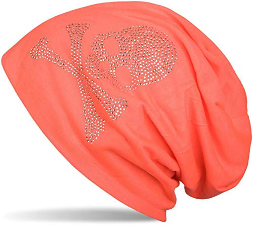 styleBREAKER Klassische Beanie Mütze mit Totenkopf Strass Applikation, Unisex 04024034, Farbe:Neonorange, Materialart:leicht