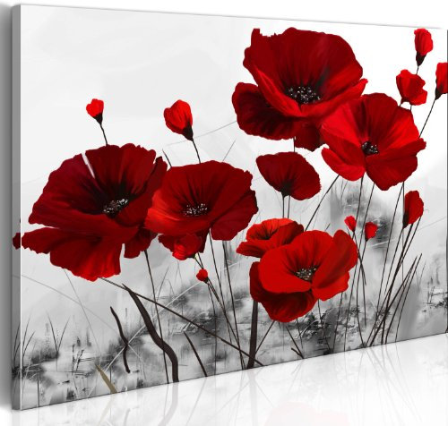 B&D XXL - Wandbilder XXL Mohn 120x80 cm 1 tlg - Wand Deko Vlies Leinwand Bilder Groß Wanddeko Wohnzimmer Schlafzimmer Kunstdrucke - Blumen rot grau 0107-12