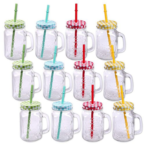 Schramm® 12 Stück Trinkgläser mit Deckel, Henkel und Mehrweg- Strohhalm (iii) Trinkhalm wiederverwendbar Glas Gläser Trinkglas Cocktail ca. 500ml