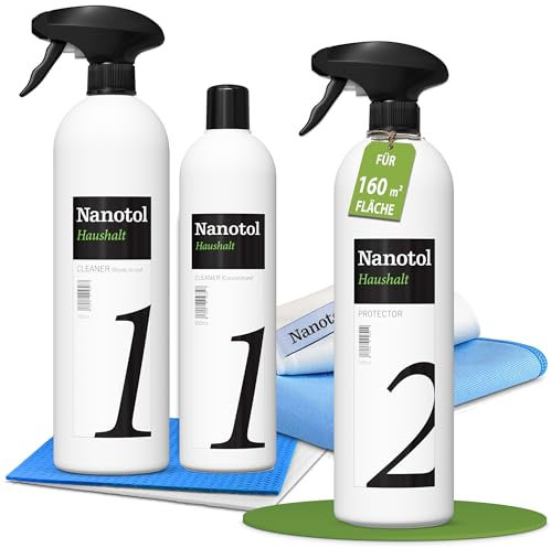 Nanotol Haushalt Set - Easy-to-Clean Beschichtung für Fenster, Wintergarten, Dachfenster, Küche, Möbel - Komplett-mit Protector, Cleaner und Mikrofasertüchern - 160 m²