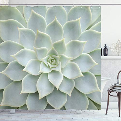 ABAKUHAUS Wüste Duschvorhang, Kaktus-Blumen Foto, Stoffliches Gewebe Badezimmerdekorationsset mit Haken, 175 x 220 cm, Salbeigrün