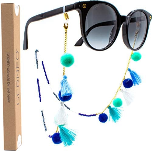 GERNEO® - 2023 Edition - Premium Brillenband & Brillenkordel Unisex für Lesebrille & Sonnenbrille - 18 Karat Gold - Bommeln und Fähnchen in Blau und Weiß - extra lang