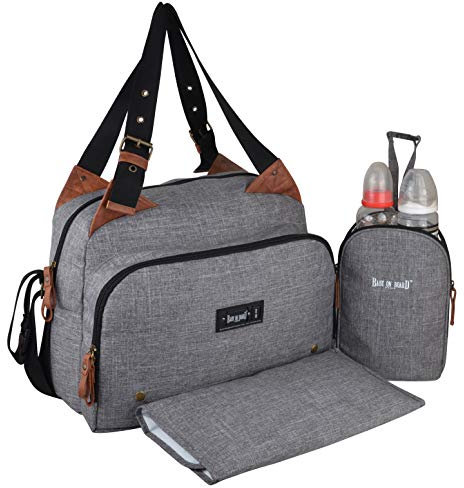 BABY ON BOARD - Wickeltasche – Babytasche mit Wickelunterlage – Frottee-Seite – isolierte Lunchtasche – Titou City Grey – großes Fassungsvermögen – 2 große Fächer – Grau