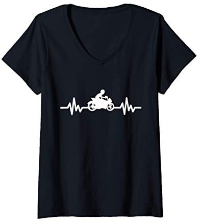 Donna Battito cardiaco motociclista supersportivo linea cuore moto Maglietta con Collo a V