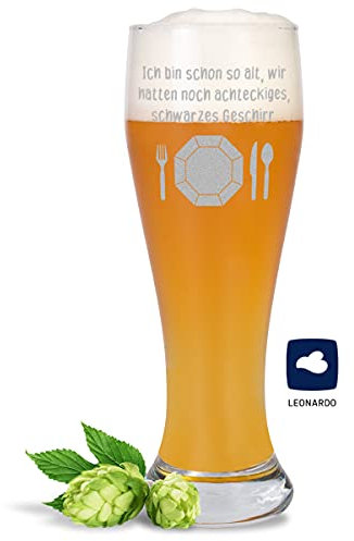 JUNIWORDS Weizenbierglas mit Gravur, Ich bin schon so alt, wir hatten noch achteckiges, schwarzes Geschirr, Bierglas