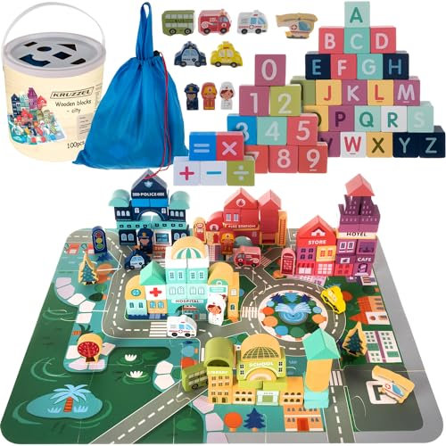 KRUZZEL Spielset Puzzlematte Holzbausteine mit Buchstaben und Ziffern Fahrzeuge Figuren Sortierspielzeug für Kleinkinder 19159