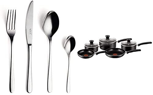 Villeroy & Boch 19-5317-9030 Vivo Group-New Fresh Basic Service, 24 Pieces, Universal Cutlery Set Day Use, 18/10 Stainless Steel, Silver & Tefal 5 Piece, Essential, Pots and Pans Set, Black, 5 Count