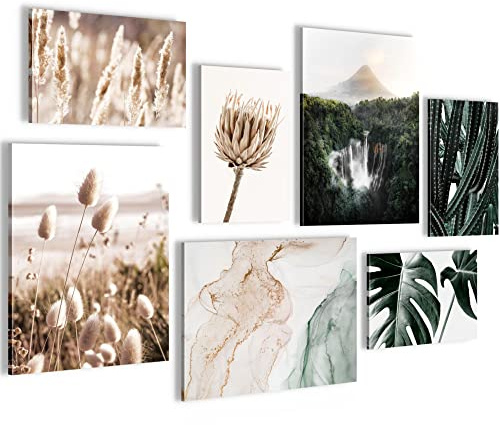 Novart Wandbilder Boho Natur - KOMPLETT AUFHÄNGFERTIG - Beige Grün Wohnzimmer Schlafzimmer - 7 Moderne Mood-Bilder - N023771a
