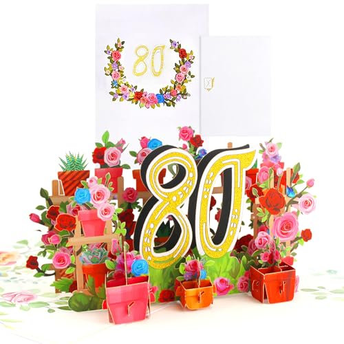 80. Geburtstagskarte 80 Karte Geburtstag 3D Pop Up Karte Geburtstag Grußkarte Geburtstagskarten mit Umschlag für Frauen Mütter Ehefrau Männer Freunde Romantik Geschenk-Karte Jubiläumskarte