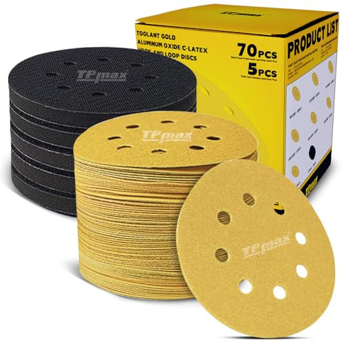 Disques de Ponçage Auto-agrippants 125mm 8 Trous - 70 Pièces, Mixte Grain 80/120/150/240/400/600/800 avec 5 Tampons de Densité Souple, Pour Ponceuse Orbitale Aléatoire, Crochet et Boucle