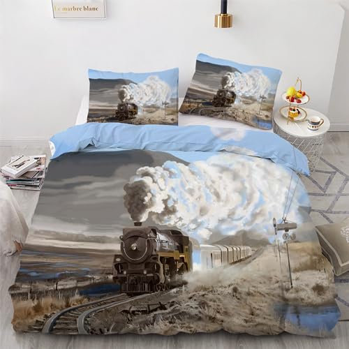 ROUSKI Bettwäsche Zug 135x200 cm 2teilig 100% Leicht Mikrofaser Kinderbettwäsche Oldtimer Zug Bettbezug mit Reißverschluss 3D Motiv Zimmer Dekor Bettwäsche-Sets mit Kissenbezüge 80x80
