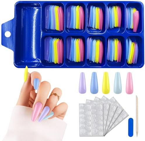 VZXQX 100 Pezzi Unghie Finte Adesive, Copertura Acrilico Completa Unghie Finte Lunghe French Colorate, Artificiale Unghie Finte Ballerina Medie con Adesivi per Ragazze Donne Halloween Natale Nail Art