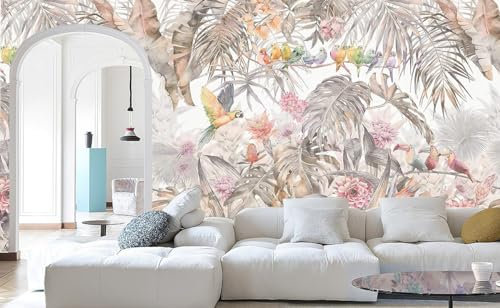 3D Papier Peint Panoramique Jungle Soie Tropicale, 500 X 280 cm Rose Plantes Fleur, Feuille, Oiseau Perroquet Grandes Murales Poster pour Salon, Adulte Chambre d'enfants, Étude Décoration