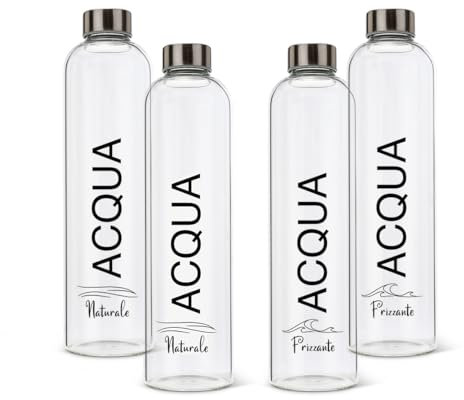 BrandPrint Set di 4 Bottiglie in Vetro Borosilicato Modello EOS da 1 Litro, serigrafate. Con tappo a Vite (2 Naturali e 2 Frizzanti)