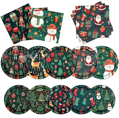 Christmas Party Decorations, Christmas Tree Dinnerware Set Christmas Plates and Napkins Santa Snowman Elk Nutcracker Green Disposable Tableware for Xmas Holiday Party Supplies Serve 20 Guests