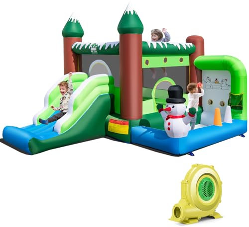 COSTWAY Castillo Hinchable para Niños 3-10 años, Castillo Hinchable Grande Temático de Muñeco de Nieve, 380x 340 x 245 cm, Castillo Hinchable con Tobogán Interior y Exterior, Solpador de 680w